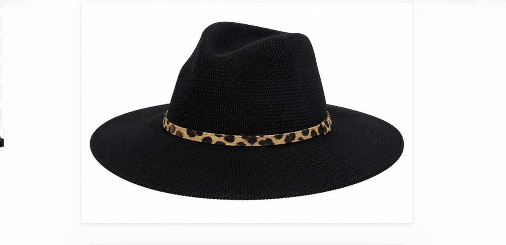 Wyeth Fedora Hat Womens One Size Black Knit Wide Brim Leopard Strap Animal Print